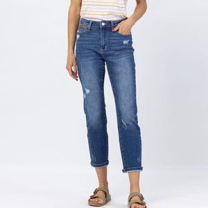 HI-RISE RAINBOW EMBROIDERY CROPPED STRAIGHT LEG